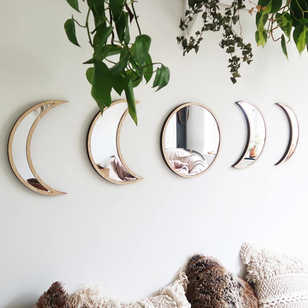 5 unids/set Estilo nórdico forma de luna fase de Madera acrílico montaje en pared espejo sala de estar dormitorio Decoración