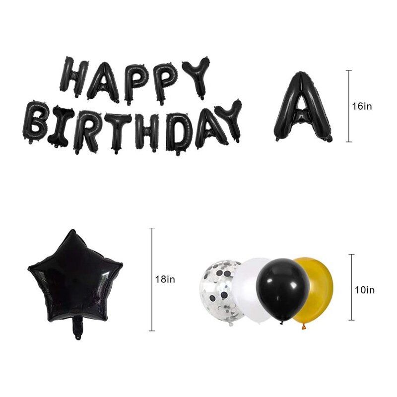 Black Happy Birthday Balloons Birthday Party Decor Letters Balloons+Giant Star Foil and Confetti Balloons+Latex Balloons