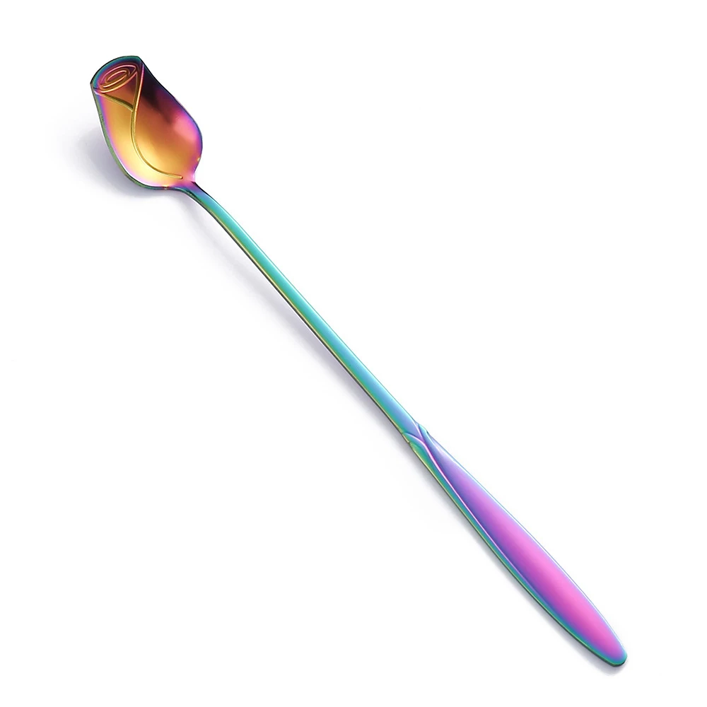 Long Handle Teaspoon Stainless Steel Rose Mixing Spoon Unusual Teaspoons for Dessert Honey Salad Tea Coffee Spoons Year: WHITE / M