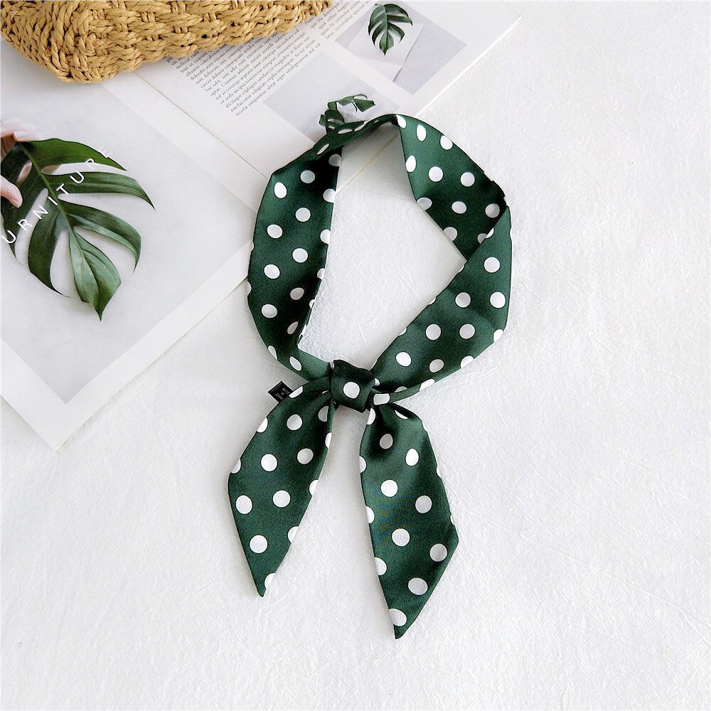 Spring Summer Women's Polka Dot Printed Silk Stain Hair Ribbon Tie Scarf Female Black White Green Yellow Bag Scarves: Green