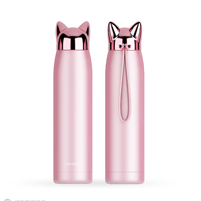 1 stücke Nette Edelstahl Katze ohren Thermos Tassen Thermocup Isolierte Becher Vakuum Glaskolben Thermo Kaffee Becher Reise Flasche Becher: lang Rosa