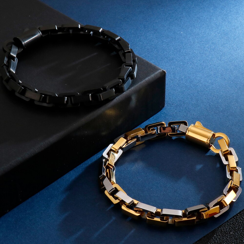 Goud Zwart Rvs Interlock Box Chain Armband Voor Mannen Zware Biker Sieraden Beste Vrienden Heren Armbanden