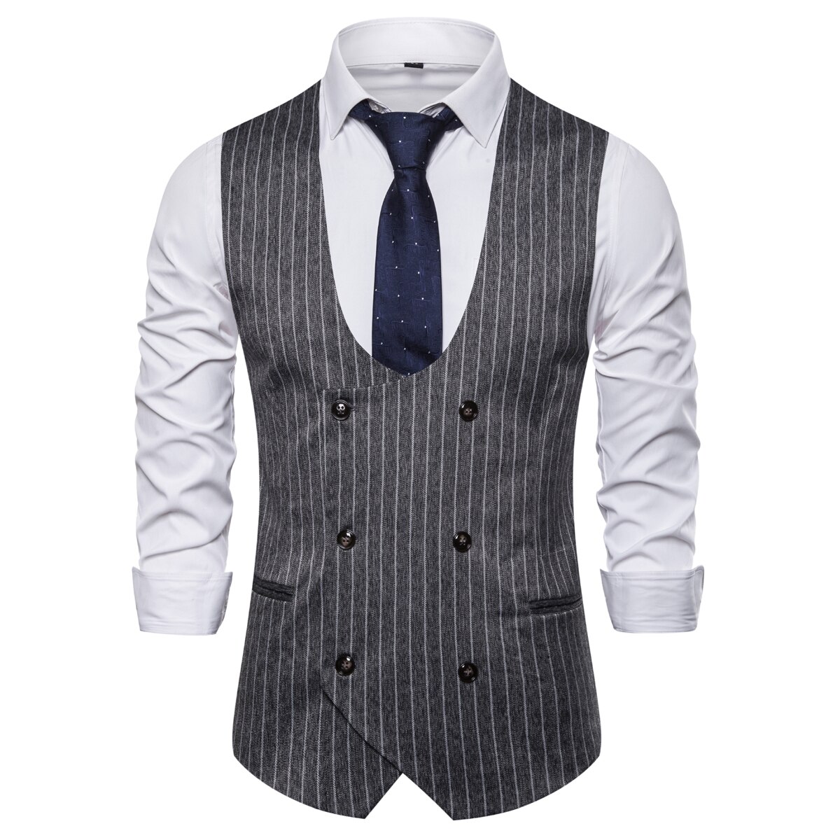 Mærke i engelsk stil jakkesæt vest med u-hals dobbeltradet vest slim fit stribet vest til bryllup chalecos para hombre: Mørkegrå jakkesætsvest / Asiatisk størrelse xxl