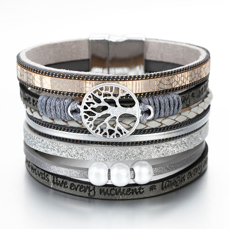 Flashbuy Life Tree Leather Bracelets For Women Bohemia Weave Multilayer Wide Wrap Bangles Jewelry