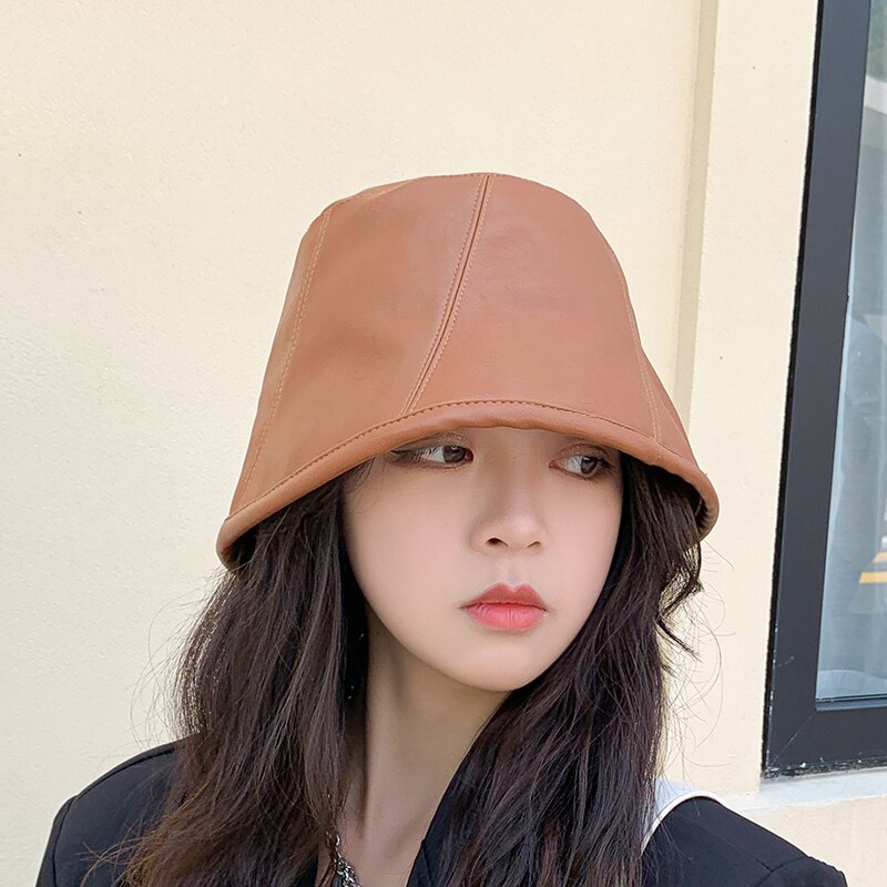 Pu læder spand hat efterår koreansk harajuku afslappet fisker cap kvinder solid håndvask hat panama femme retro kunst hat