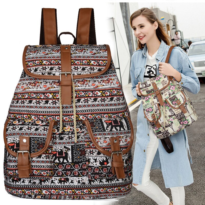 Woven Fabric Female Bagpack Women Backpack Bohemia Boho Ladies Drawstring Rucksack Girls School Bags