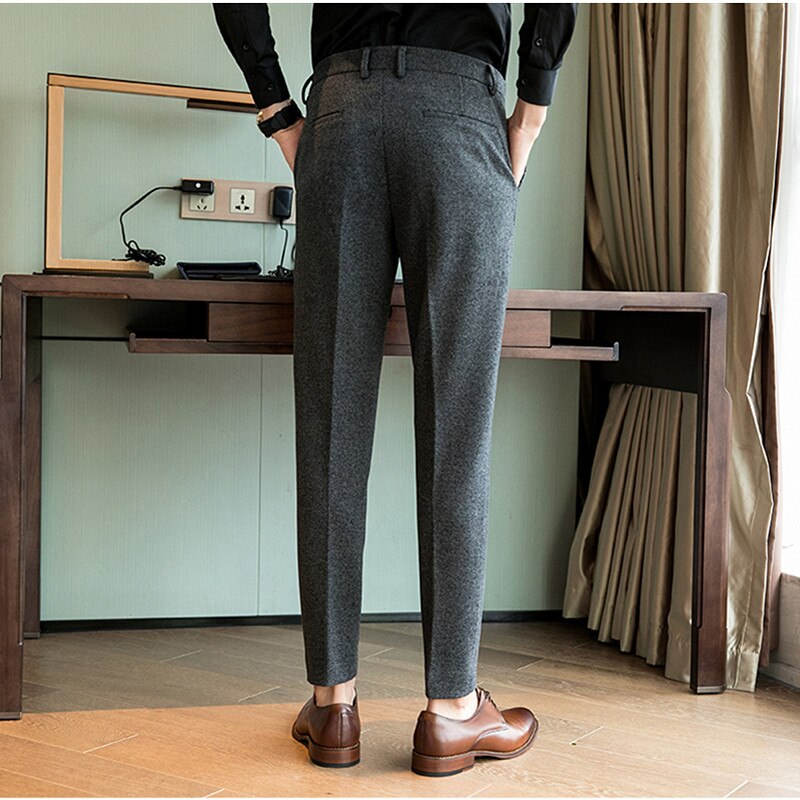 Vinter herre ullbukser grå casual slipte bukser størrelse 28-36 slim dressbukse for menn