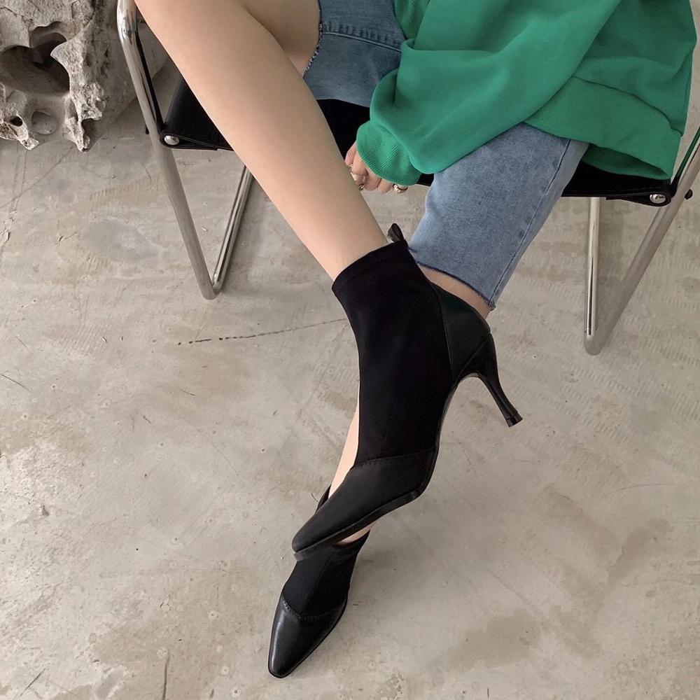 Spidse tå kvinder ankelstøvler sok støvletter dame rhinestone slip on tynde høje hæle pumps vinterstøvler