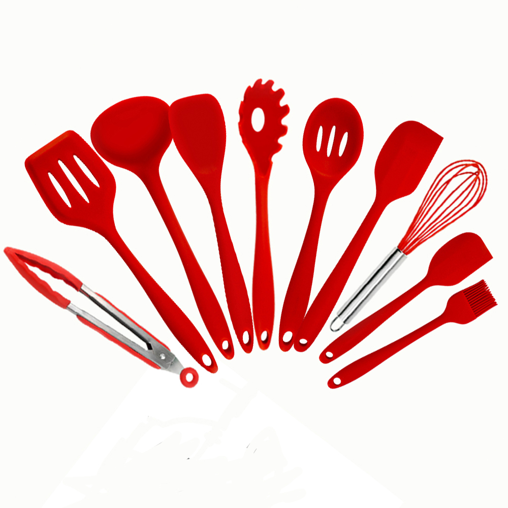 Non-stick Silicone Kitchen Utensils Set Red Turner Whisk Spatula Food Brush Heat Resistant Kitchen Gadgets Cooking Tools Set: 10 Pcs Red Cooking