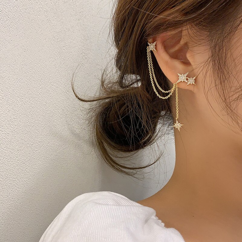 Koreaanse Achthoekige Ster Kwastje Oorbel Voor Vrouwen Oor Manchetten Cool Sieraden Chain Vintage Crystal Oorbellen Verjaardagsfeestje