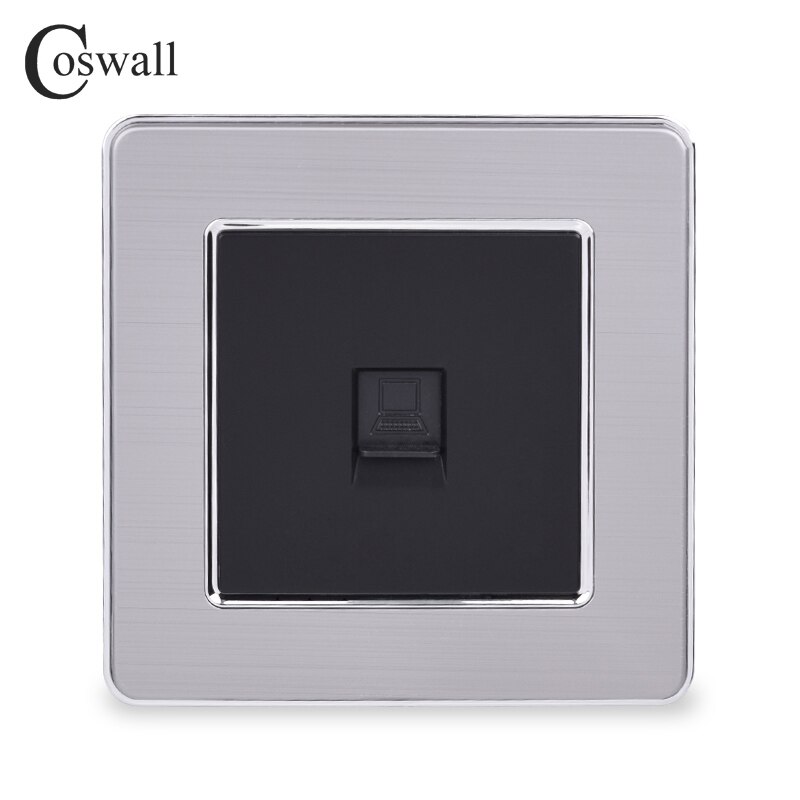 COSWALL 1 Gang RJ45 Internet Jack CAT5E Connector Stainless Steel Brushed Panel Computer Outlet Wall Data Socket: Black