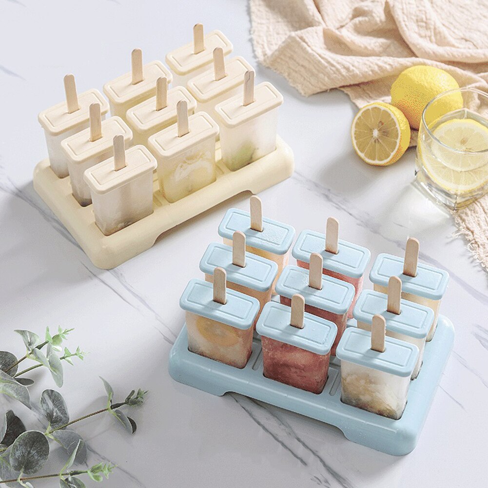 9 Cell Silicone Ice Cream Mould Diy Mold Ice Cube Tray Popsicle Barrel Dessert Ice Cream Mold With Popsicle Stick