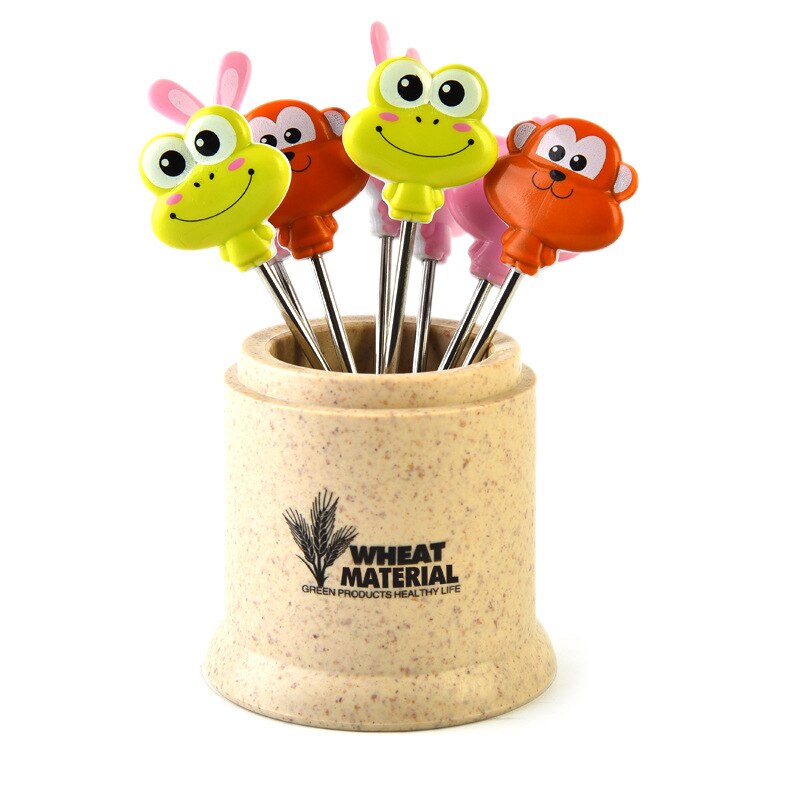 8 Roestvrij Staal Fruit Vork Cake Teken Fruit Teken Met Emmer Draagbare Party Bruiloft Decoratie: Light yellow