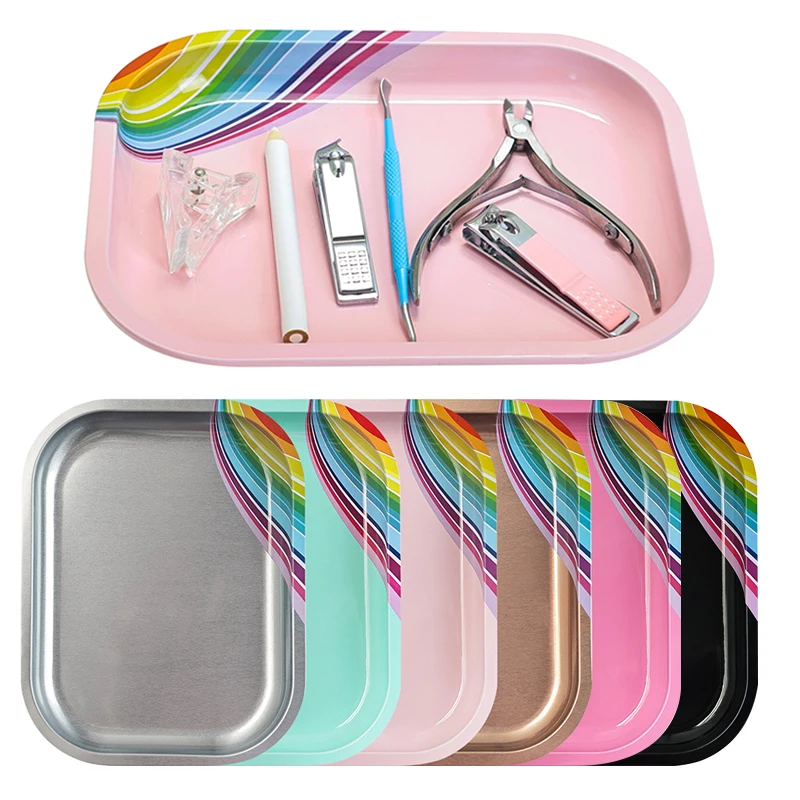Cosmetic Storage Tray Manicure Nail Art Plate Stainless Steel Tweezers Clippers Pen Container Square False Nails Dish Tools