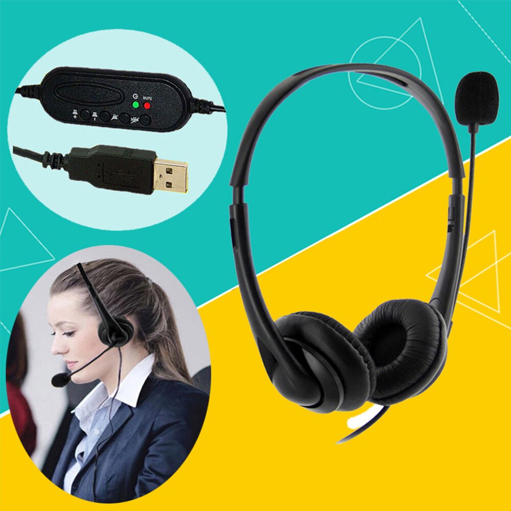 USB Plug Corded Headset Hands-Free Binaural Headphone with Noise Cancelling Microphone Mute Volume Control Button for Office