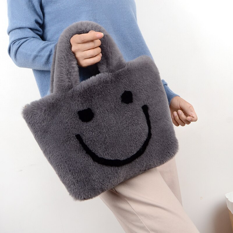 bolso de viaje de de invierno, bolso de mujer sonriente de felpa de invierno, bolso de cadena grande, bolso de mensajero, bolso de cuero suave cálido: Dark gray