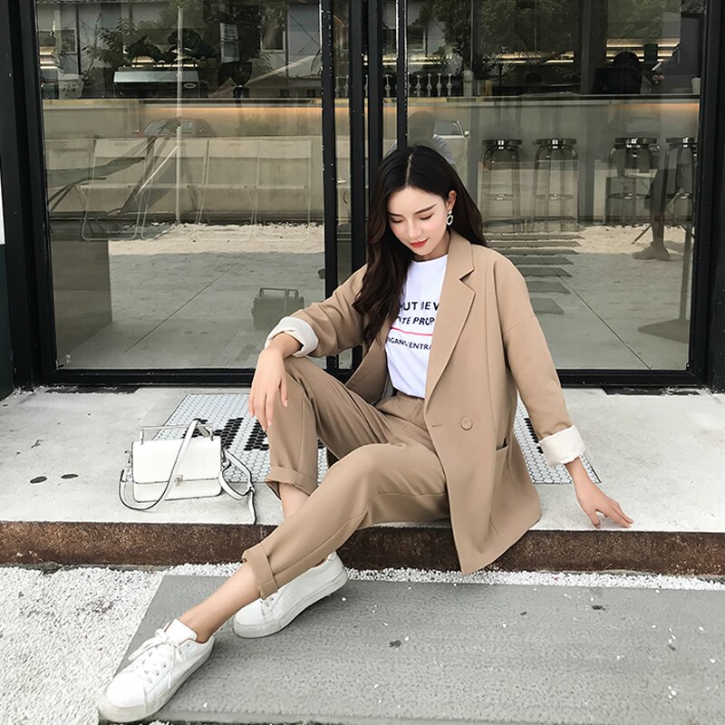 Fanco Casual Solid Color Women Pant Suits Trun Down Collar Blazer Jacket Trousers Khaki Female Office Lady Autumn