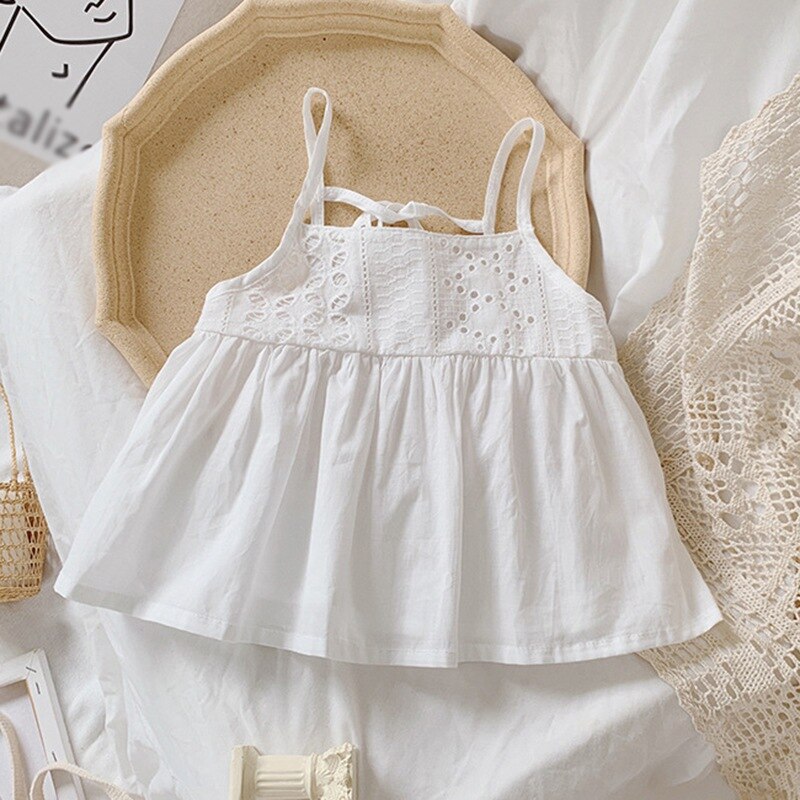 Bretelle per ragazze coreane estive camicia solida Sling abito senza maniche Top Casual in cotone moda abbigliamento per bambini per ragazza: W / 7-8T