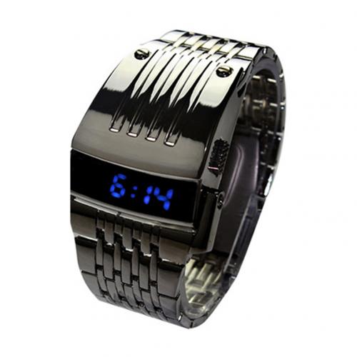 montre électronique affichage LED bleu large en acier inoxydable bande hommes numérique montre-bracelet: Black