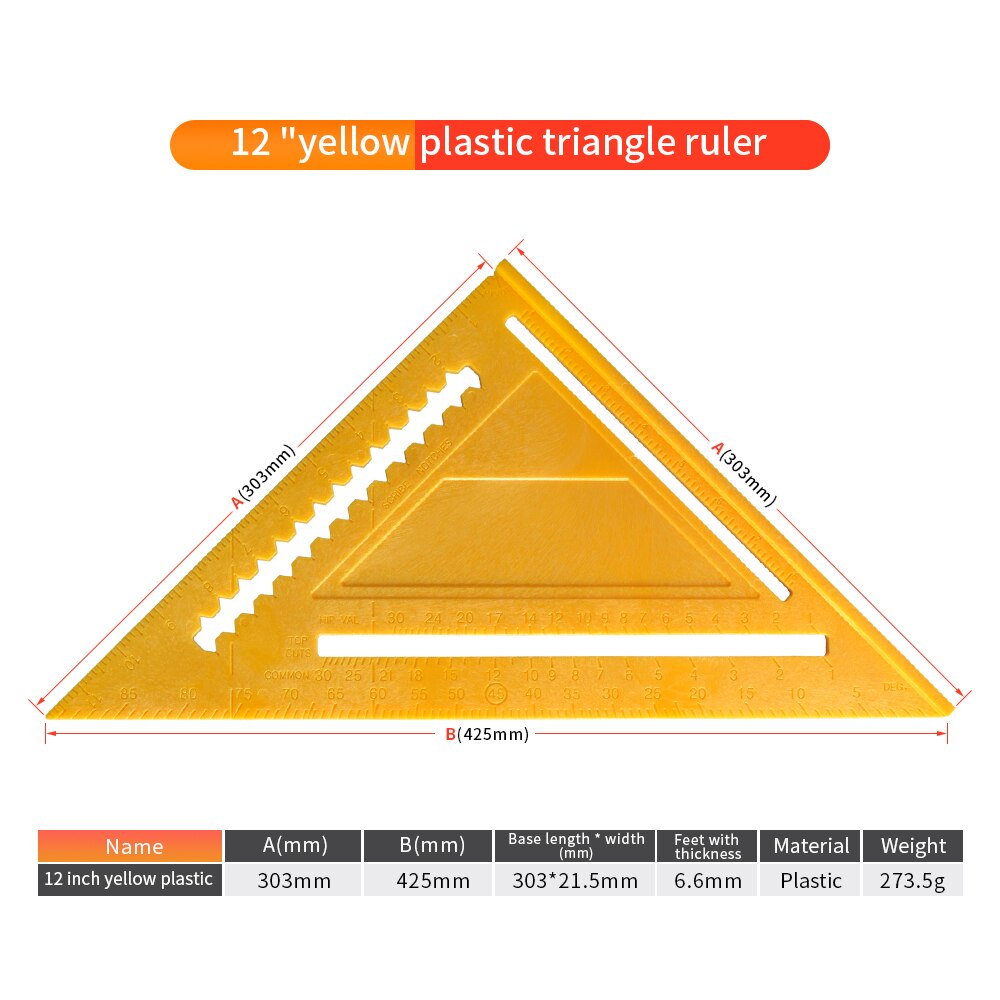 Onkel .j 7/12 tommer trekant vinkel vinkelmåler aluminiumslegering hastighed firkantet målelineal tømrer måleværktøj: 12 tommer plastik