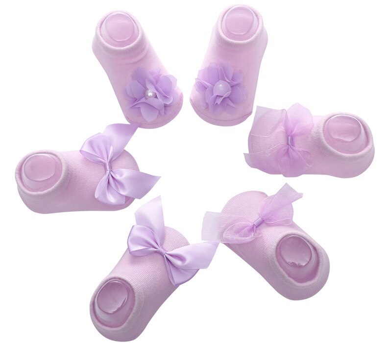 1 Pair Lytwtw's Cotton Spring Flower Bowknot Lace Anti Slip Summer Sock Ribbon Children Slipper Newborn Baby Girl Kids Sock: 1 Pairs Purple