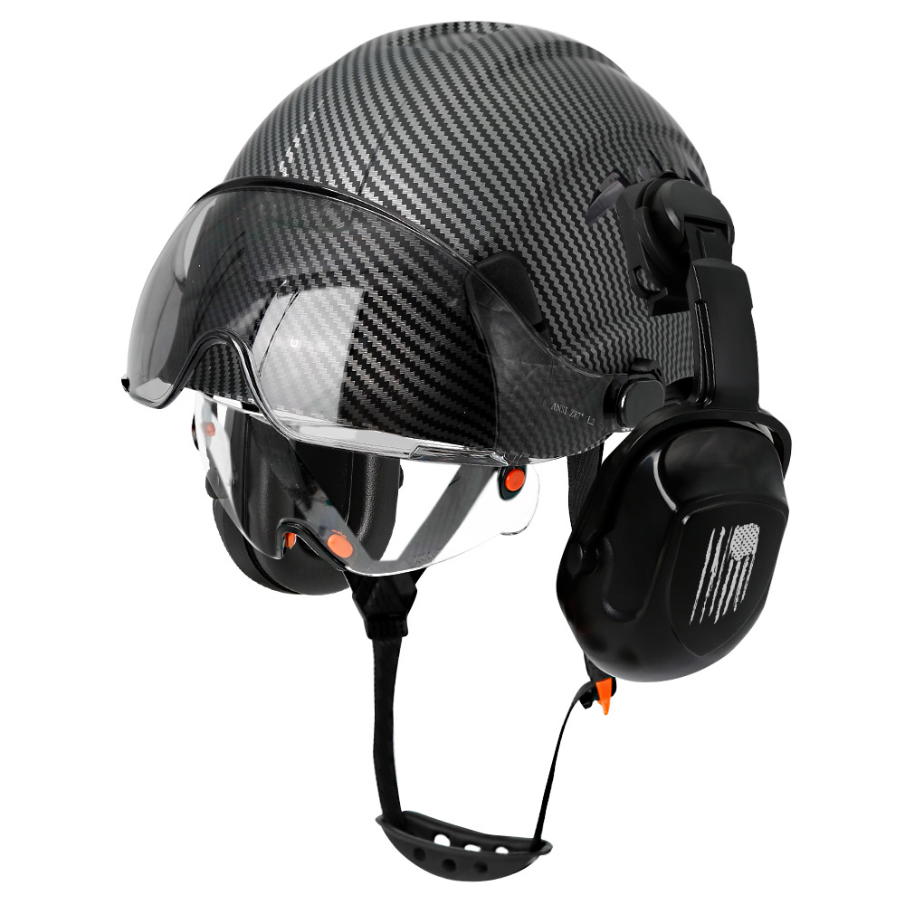 Schutzhelm mit Visiere, integrierte Schutzbrille, verbesserte Ohrenschützer-Rauschunterdrückung für Ingenieure, ABS-Schutzhelm, ANSI-Industrie-Arbeitskappe: Dark Grau