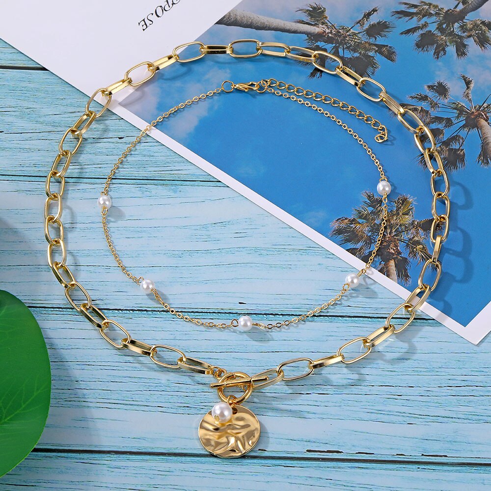 IPARAM Bohemian Multilayer Thick Chain Pendant Necklace Pearl Coin Geometric OT Buckle Necklace Jewelry