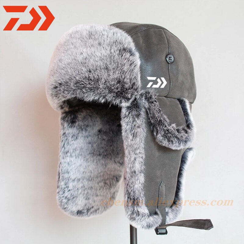 Daiwa Winter Bomber Hats Winter Fishing Men Warm Skiing Outdoor Hat with Ear Flap Pu Leather Fur Trapper Cap Earflap