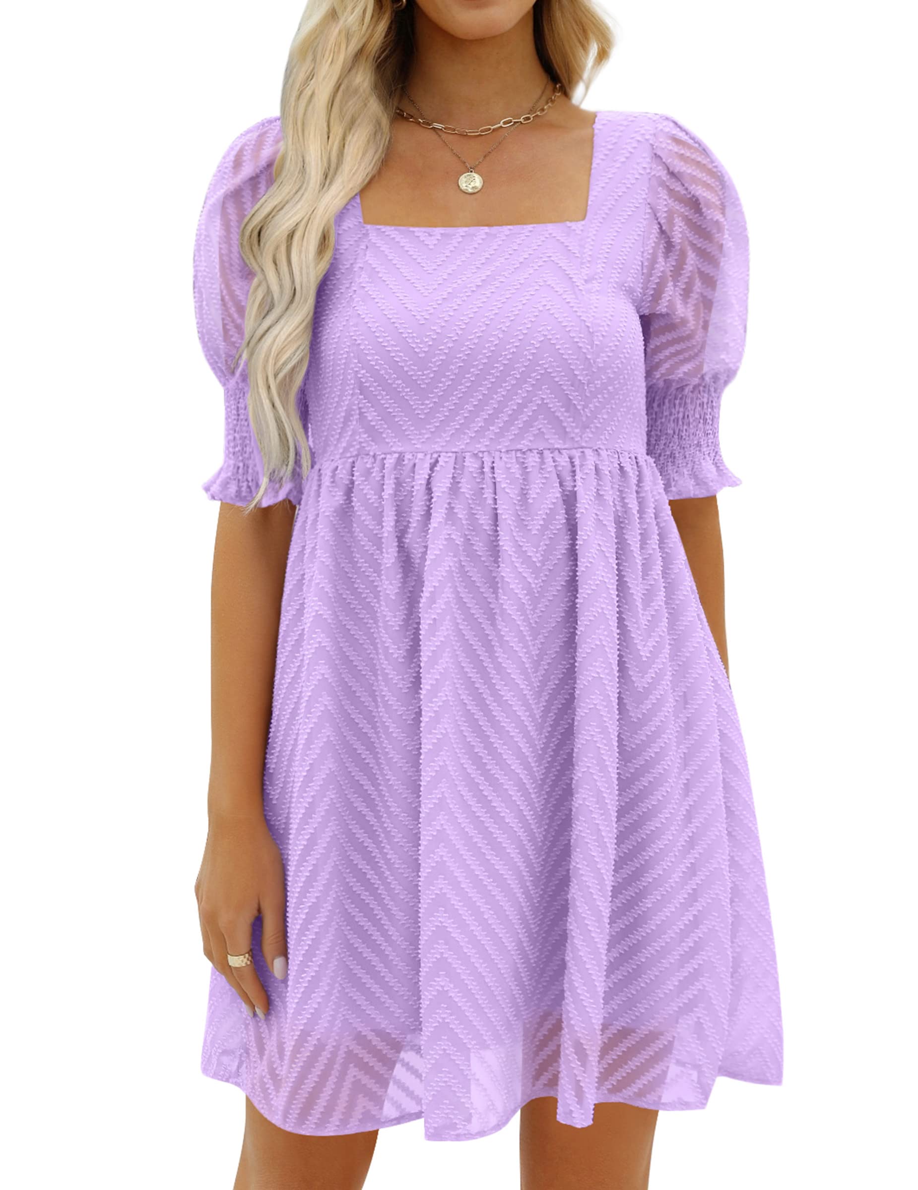 Damen-Sommerkleid 2023, lässig, fließend, Strand, quadratischer Ausschnitt, Laterne, kurze Ärmel, plissiert, A-Linien-Kleid, Krawatte, Minikleid: XXS / Lila