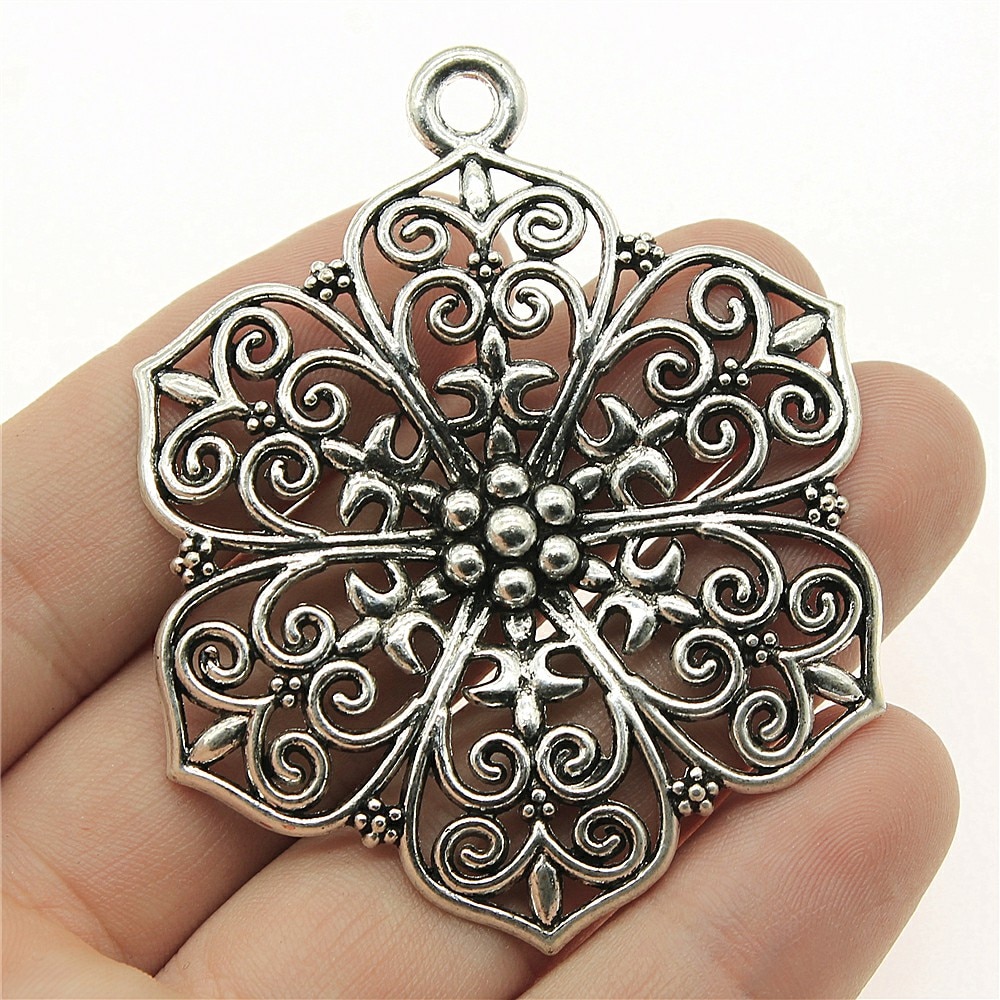 WYSIWYG 1pcs 66x52mm Filigree Big Flower Carved Bohemia Pendants Charm For Jewelry Making Necklace Making