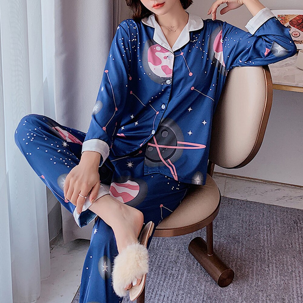 ChunShang Pajamas Women Summer Thin Ice And Snow Silk Long-Sleeved Two-Piece Letter Home Service Suit