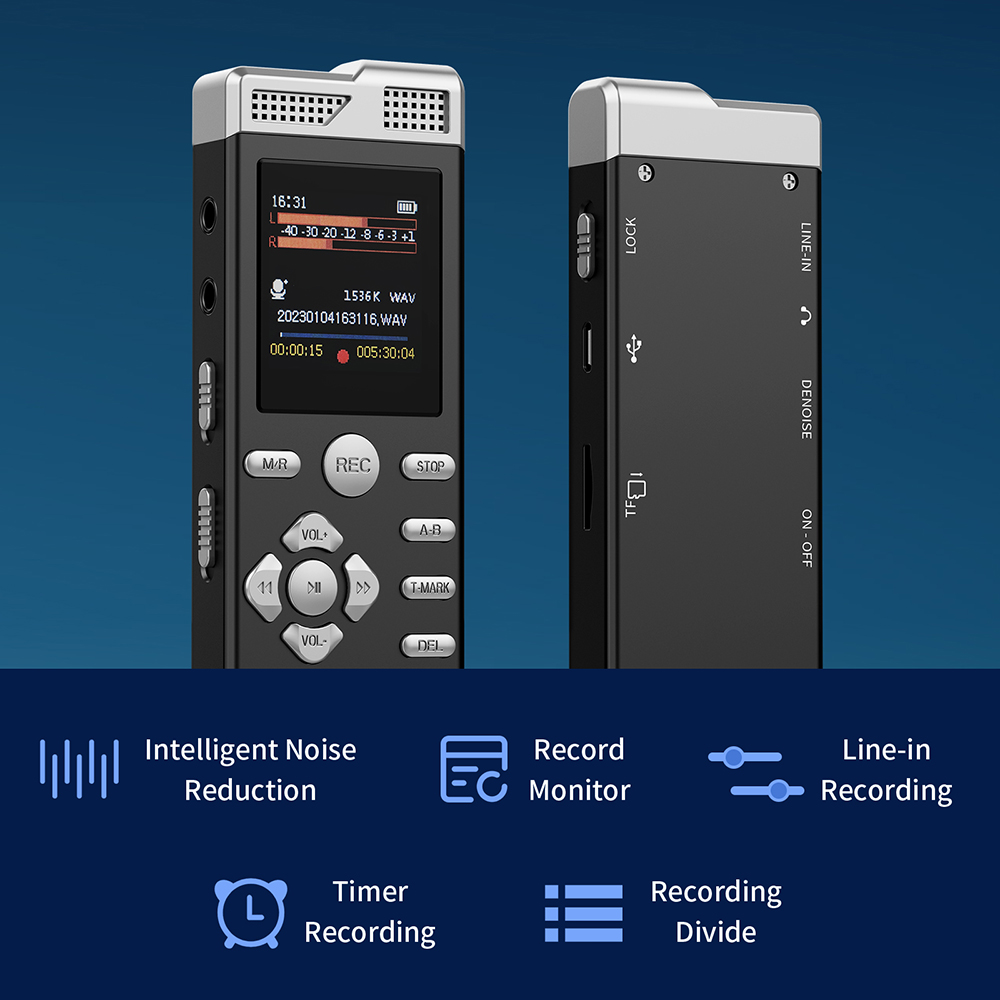 Sprachaktiviertes Dual-Mikrofon, Aufnahme, Passwortschutz, Linie-in T-markieren, digitaler Diktiergerät, MP3-Musik-Spieler, Diktiergerät
