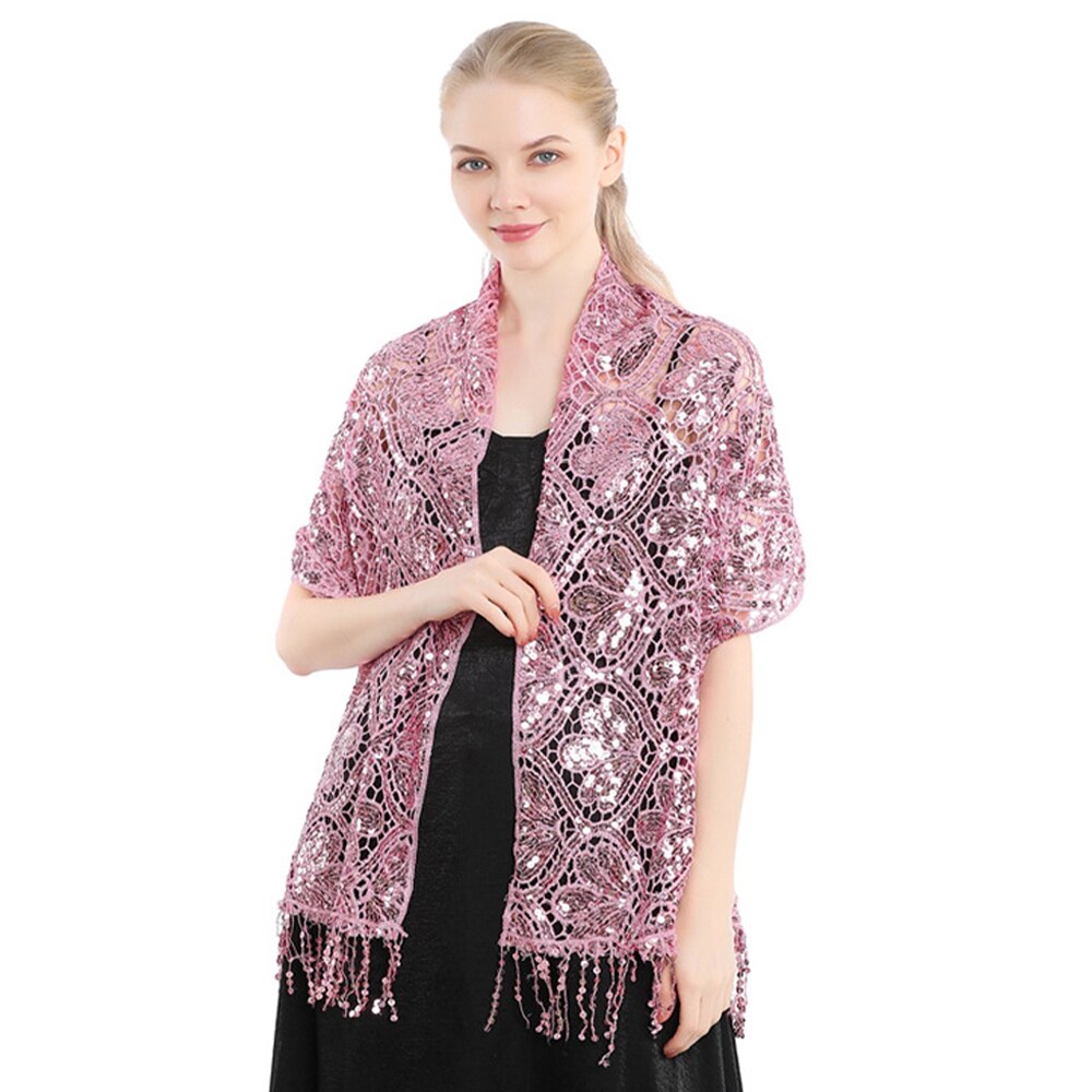 Scialle di pizzo con paillettes vuote da sposa da donna di lusso avvolgere il partito femminile lucido luccichio stola sciarpa da ballo con nappa: rosa