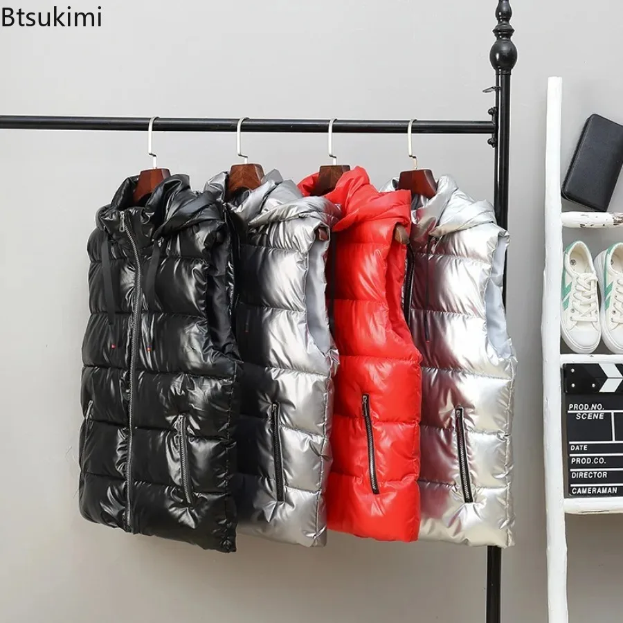 Gilet à capuche en coton brillant pour hommes, gilet , glaçure, tendance coréenne, extérieur, couple, automne, hiver,