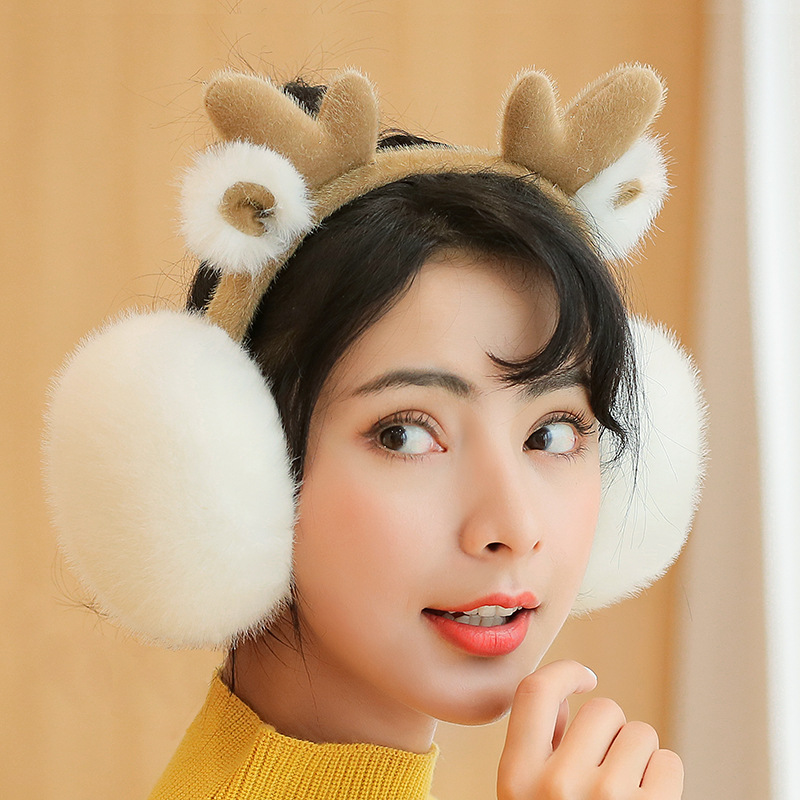 Ørebeskyttere kvinder tegneserie hjorte lodne harajuku kawaii koreansk stil folde varme kvinders øremuffe fritid all-match simple animal chic: Hvid