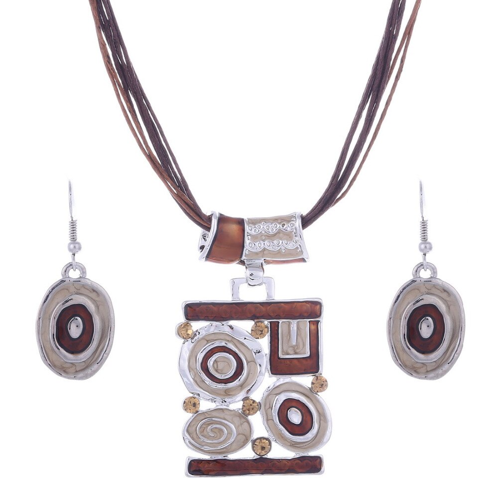 Emalje smykke sæt delikat læder reb vedhæng geometri choker halskæde øreringe sæt boho smykke sæt