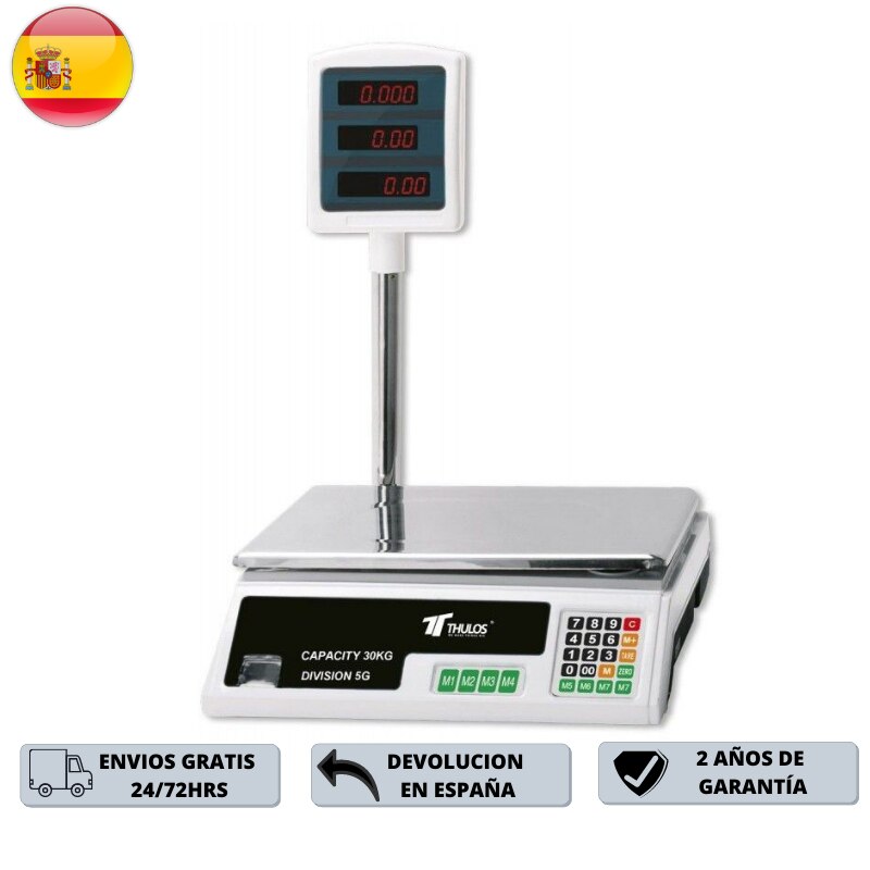 Thulos Balanza Digital Comercial Electrónica, Pantalla LED, 8 Funciones, Bascula TH-BD30, Capacidad de 30KG Batería Recargable