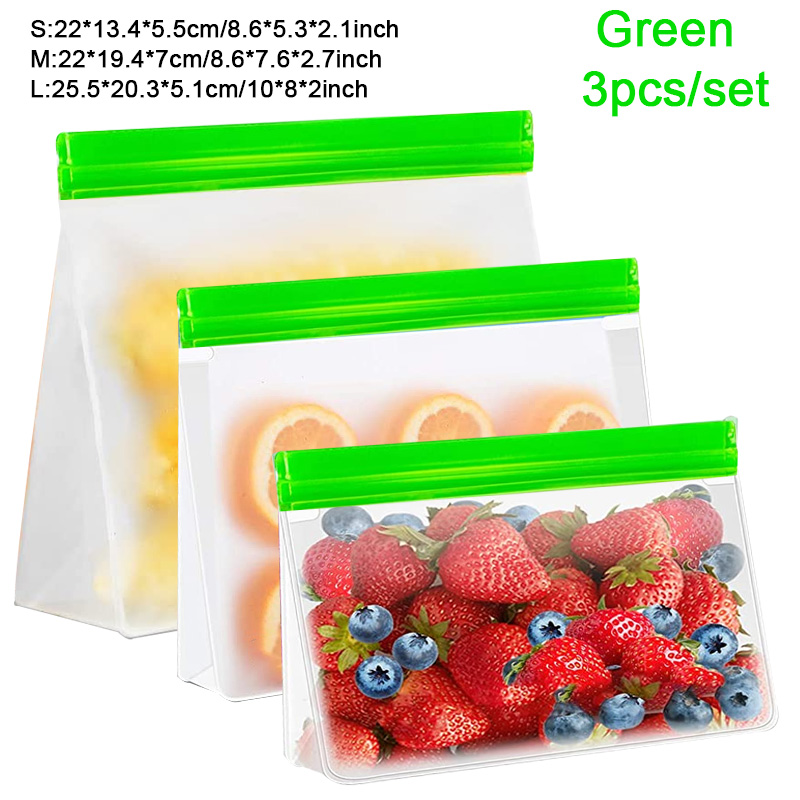 3 Sizes Reusable Stand Up Food Storage Bag Set Leakproof Freezer Food Sealing Bag Kitchen Organizer Fresh Shut Bags BPA Free: 3Pcs-Green