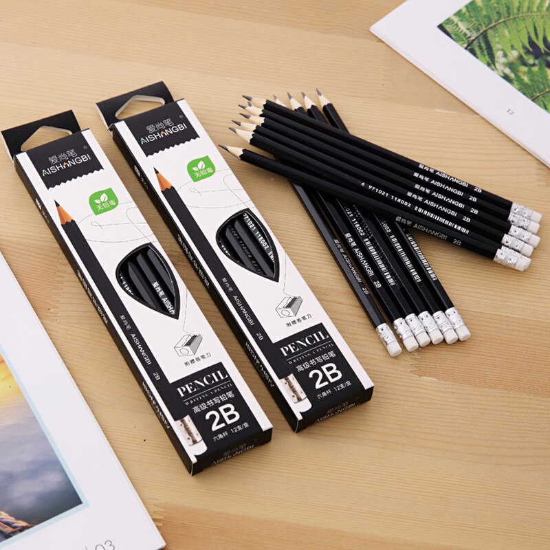 12pcs/Lot Wooden Lead Pencils 2B Pencils Stationery Office &amp; School Supplies Wood pencil for student drawing writing With eraser