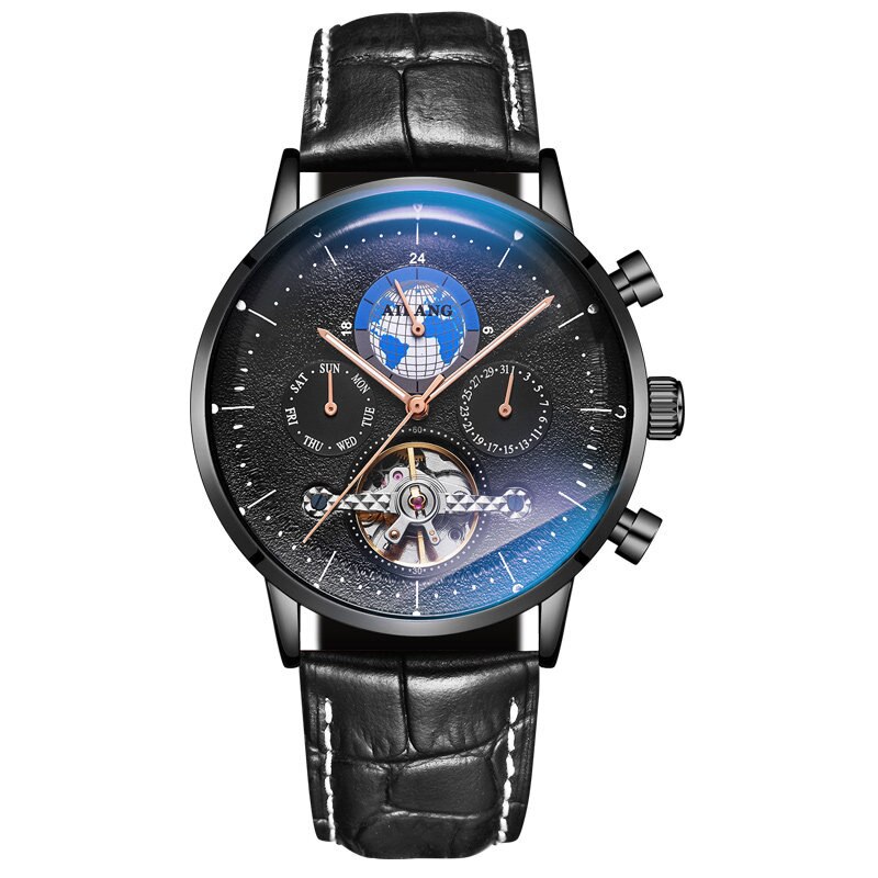 Ailang 2022 Mannen Business Tourbillon Automatische Mechanische Horloges Gradiënt Mannen Lederen Waterdichte Band 8613B: Black Blue
