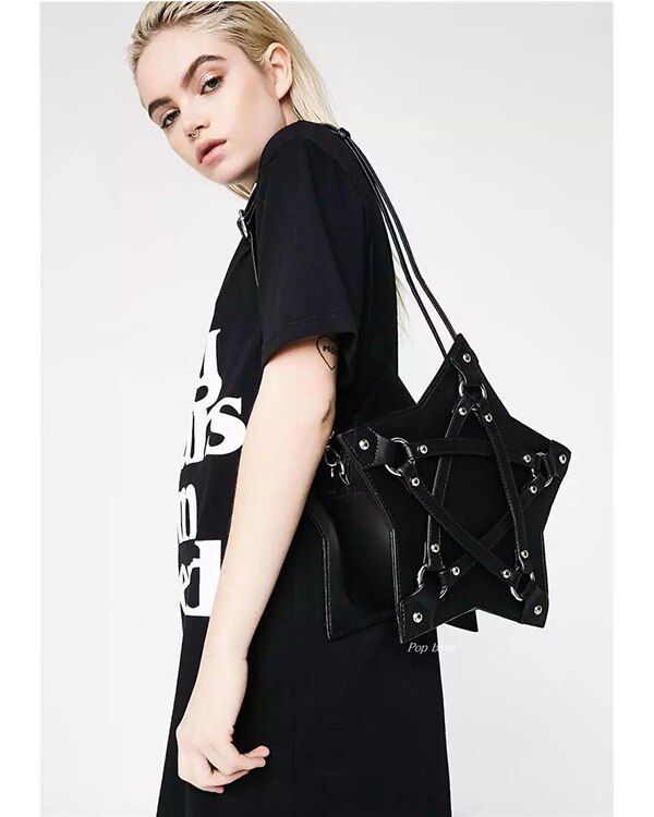 Dark Gothic Pentagram Schoudertas Voor Vrouwen Punk Casual Tote Bag Retro Portemonnees En Handtassen Pu Leer