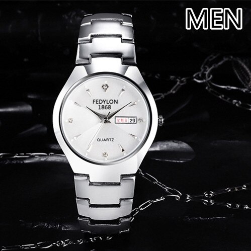 Fedylon-relojes de para parejas, de lujo, de negocios, de cuarzo, de acero inoxidable, para hombre y mujer: men white