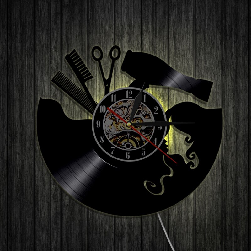 Reloj de pared con disco de vinilo para peluquería, dispositivo LED 3D de moderno para decoración del hogar, barbería y salón de belleza