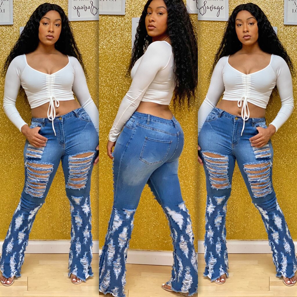 CM.YAYA gland trou large jambe Denim pantalon femmes lavé Flare belllow jean déchiré pantalon rue maigre taille haute dame pantalon: XXL