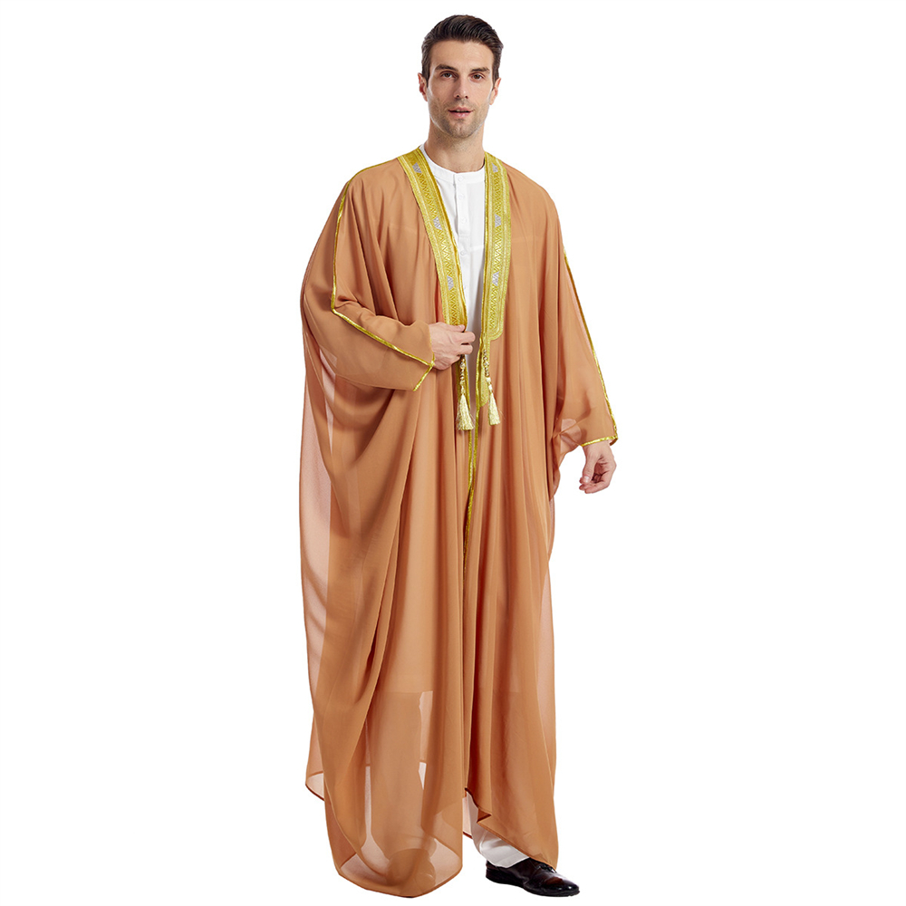 Mannen Open Abaya Moslim Saudi Jubba Thobe Islamitische Kleding Ramadan Kimono Lange Mouw Gewaad Caftan Dubai Stand Kraag Arabische Jurk: L / Oranje