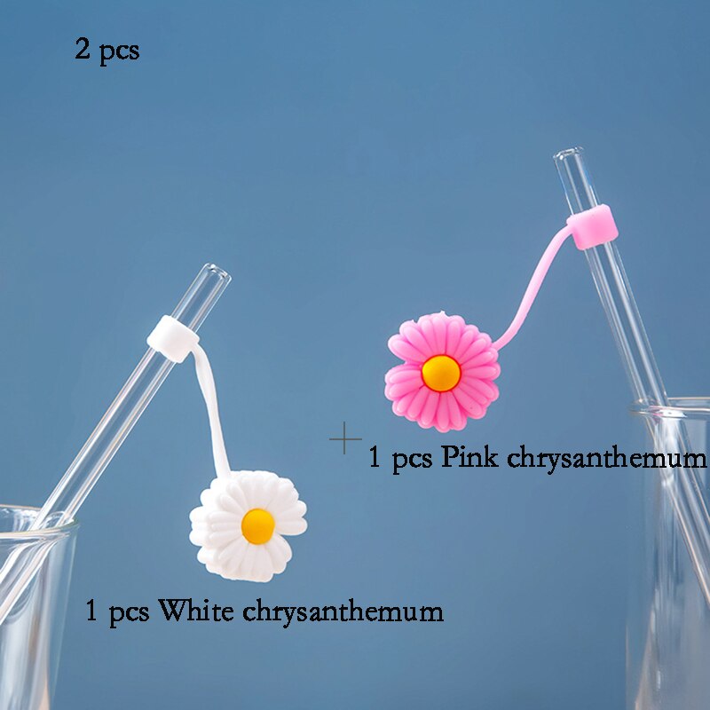 Bouchon de paille en Silicone, capuchon anti-poussière, tasse à boire réutilisable, accessoires de paille en verre, bouchon de dessin animé, couvercle de tête d'aspiration, mignon universel: 2 PCS mixed pack