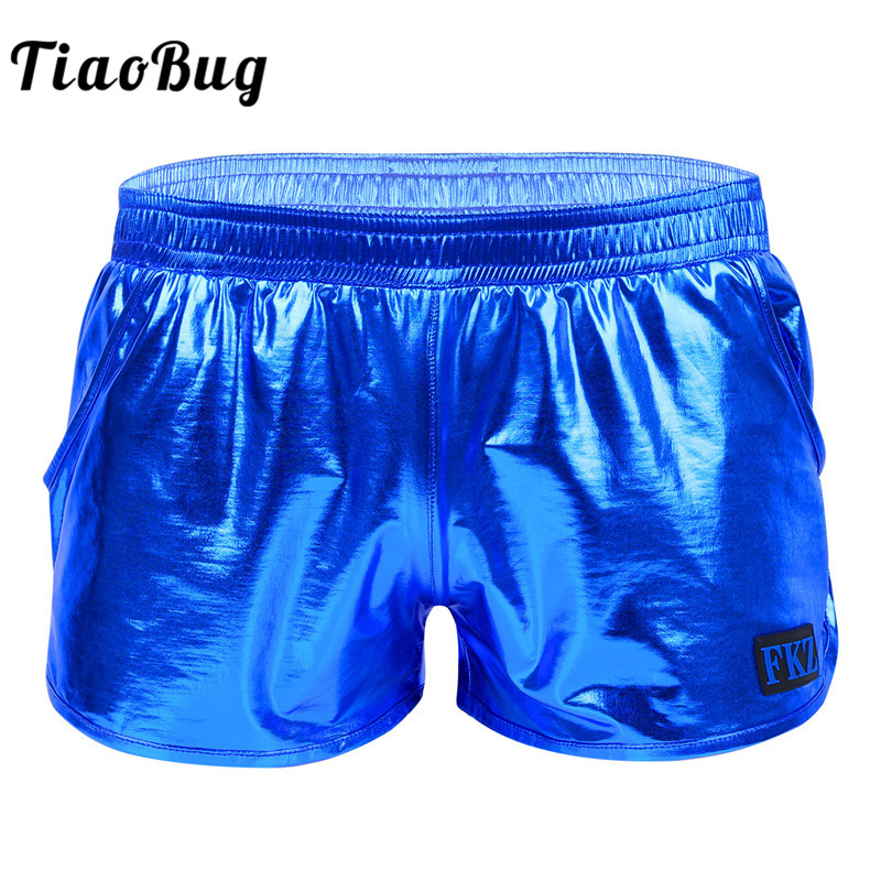 TiaoBug brillante metálico de Color sólido de baja altura cintura elástica hombres nadar boxeador pantalones cortos Club Rave traje de baile traje de baño