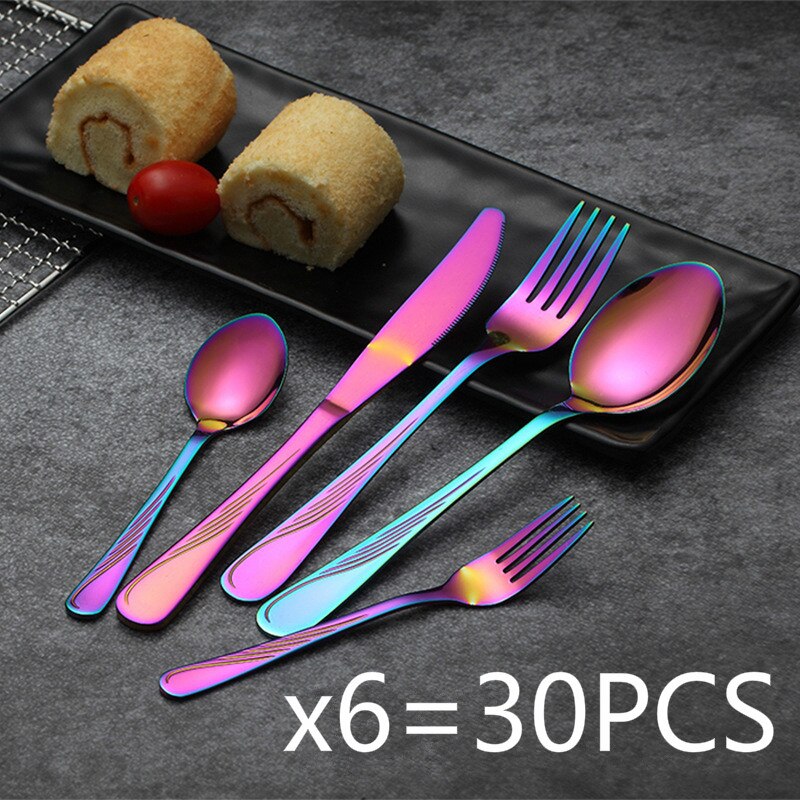 24/30 PCS Western Food Stainless Steel Cutlery Set Gold-plated Magic Cutlery Spoon/Fork/Knife Kit Dinnerware Sets: Colorful 30PCS