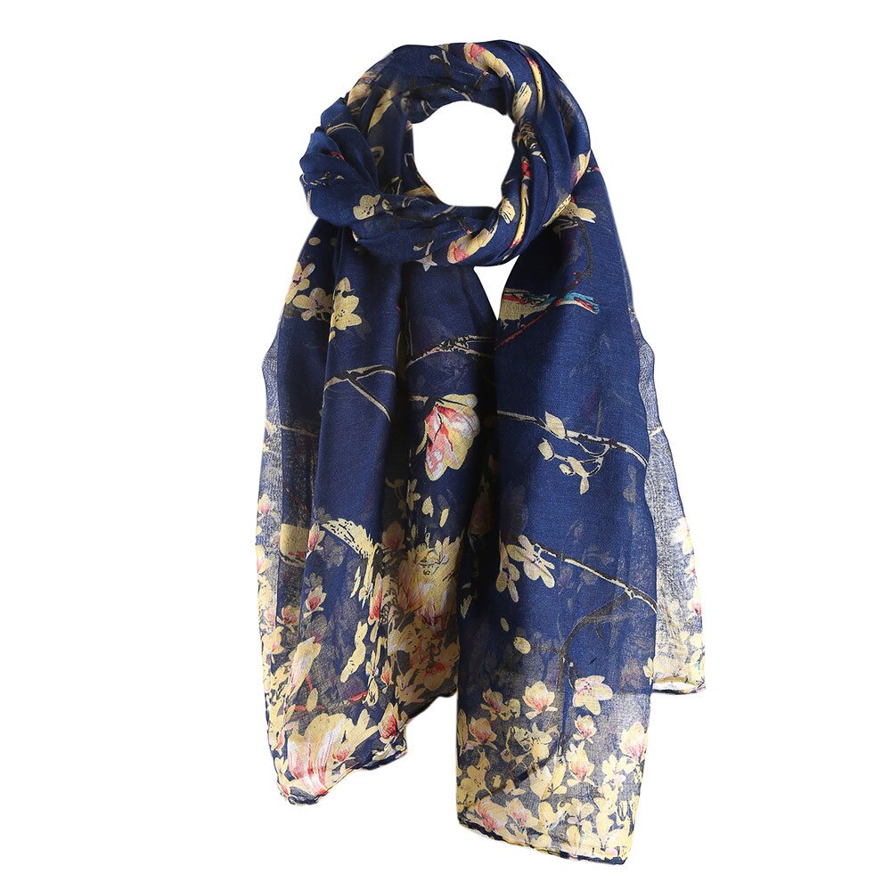 Ladies Scarf Floral Bird Printed Women Long Scarf And Shawl Female Hijab Bufanda Mujer#H15: Navy