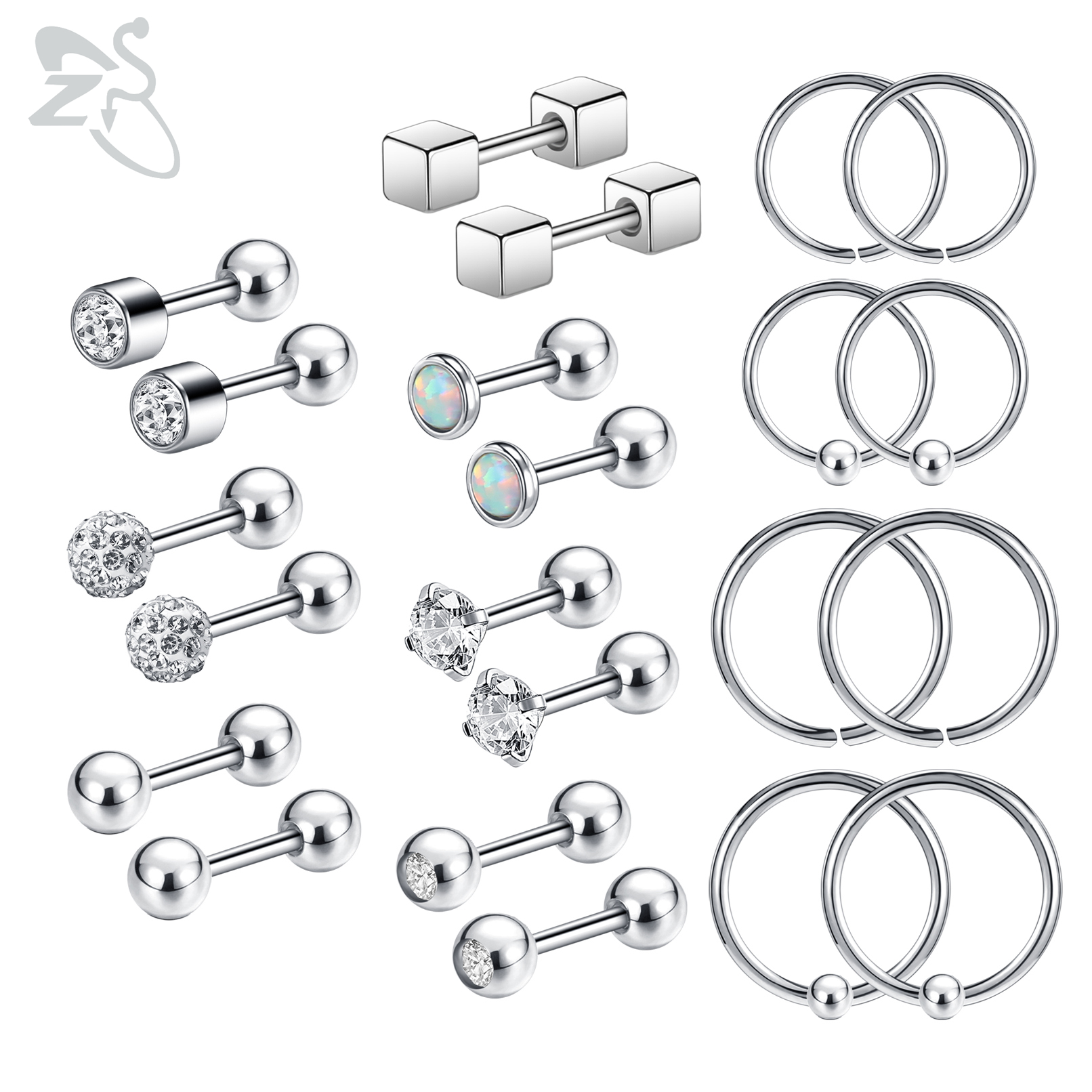 ZS 4-9pairs/lot CZ Crystal Stud Earring Set 3 Color Round Heart Star Stainless Steel Ear Helix Tragus Cartilage Piercing Jewelry: Style 2
